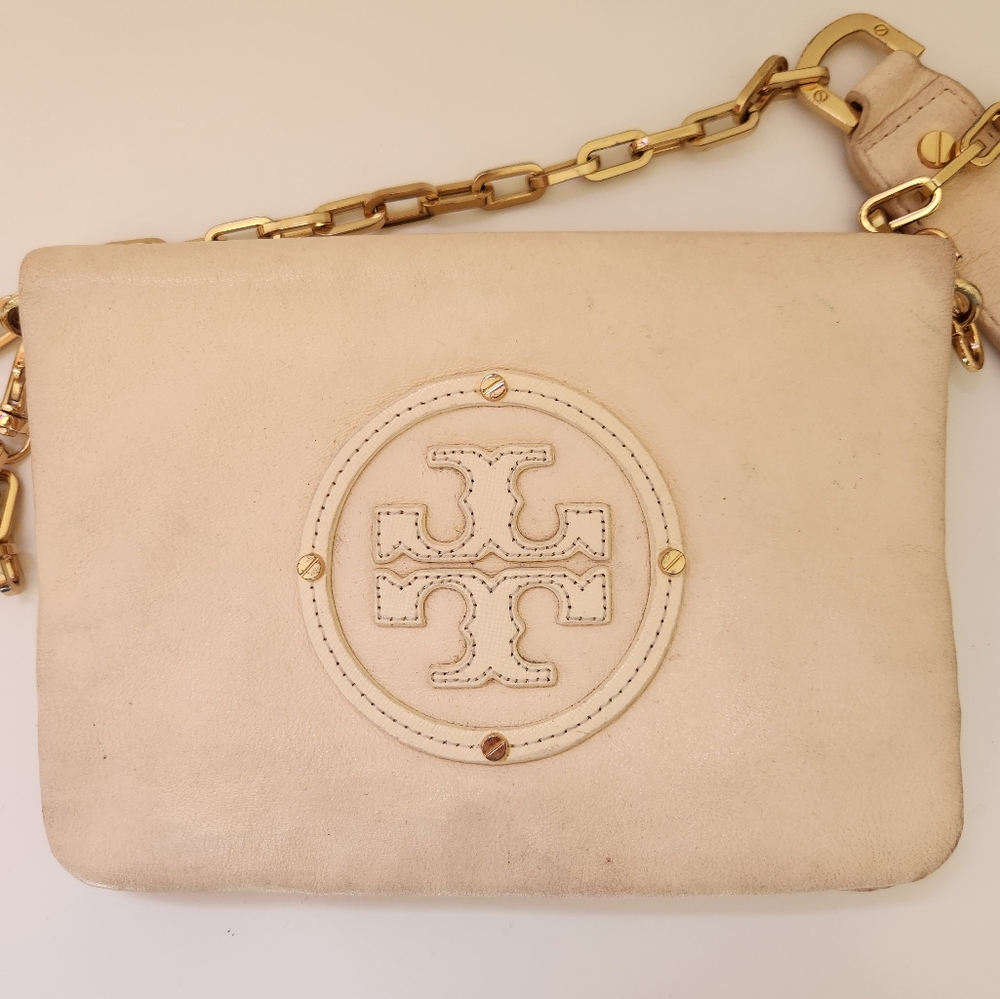 Tory Burch Logo Crossbody Bag | Authentic White Pebbled Leather Chain Strap